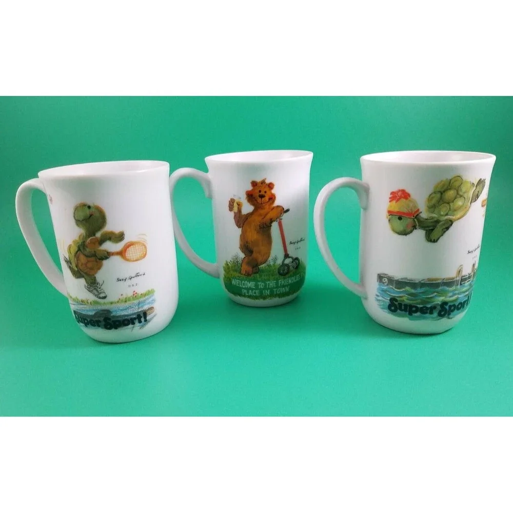 Vintage Suzy's Zoo Coffee Mugs 1976 Enesco 2x Super Sport Turtle and Mowing bear